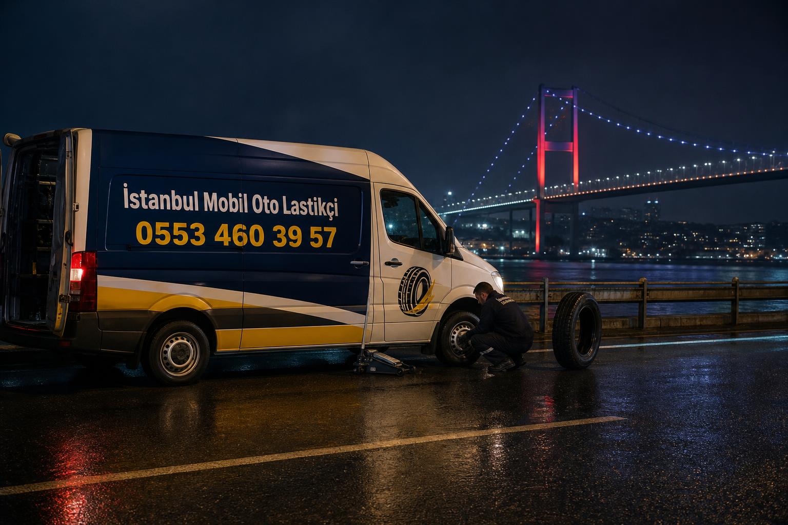 Gece İstanbul otoyolunda mobil oto lastik servis aracı